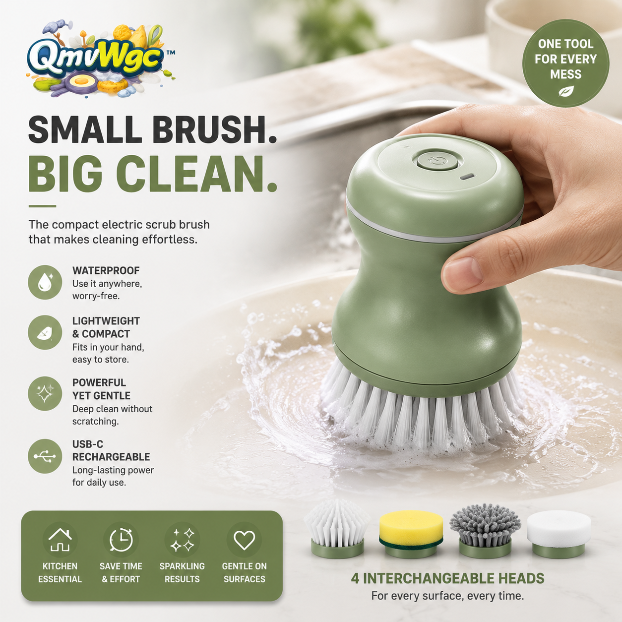 QmvWgc™ Cordless Electric Spin Scrub Brush with 4 Replaceable Brush Heads
