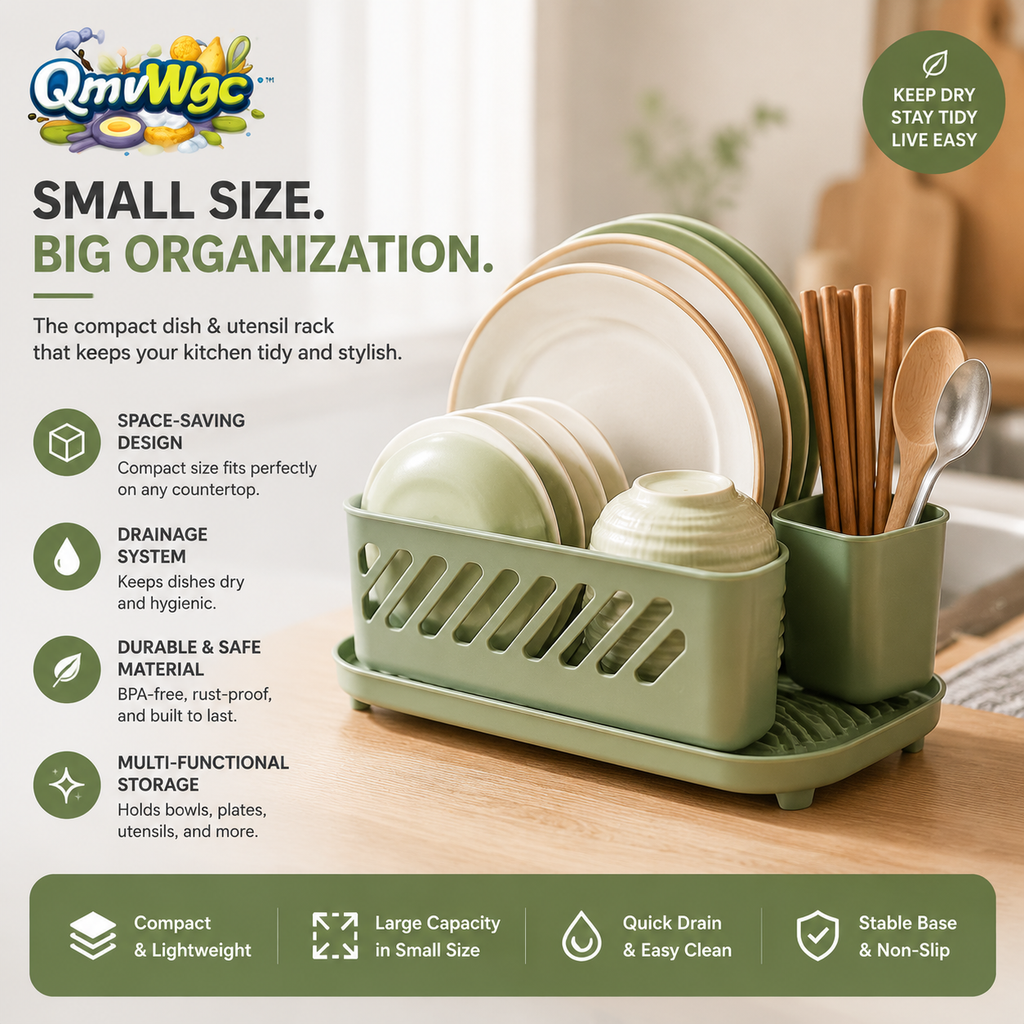 QmvWgc™ Compact Dish Drying Rack with Drain Tray & Utensil Holder