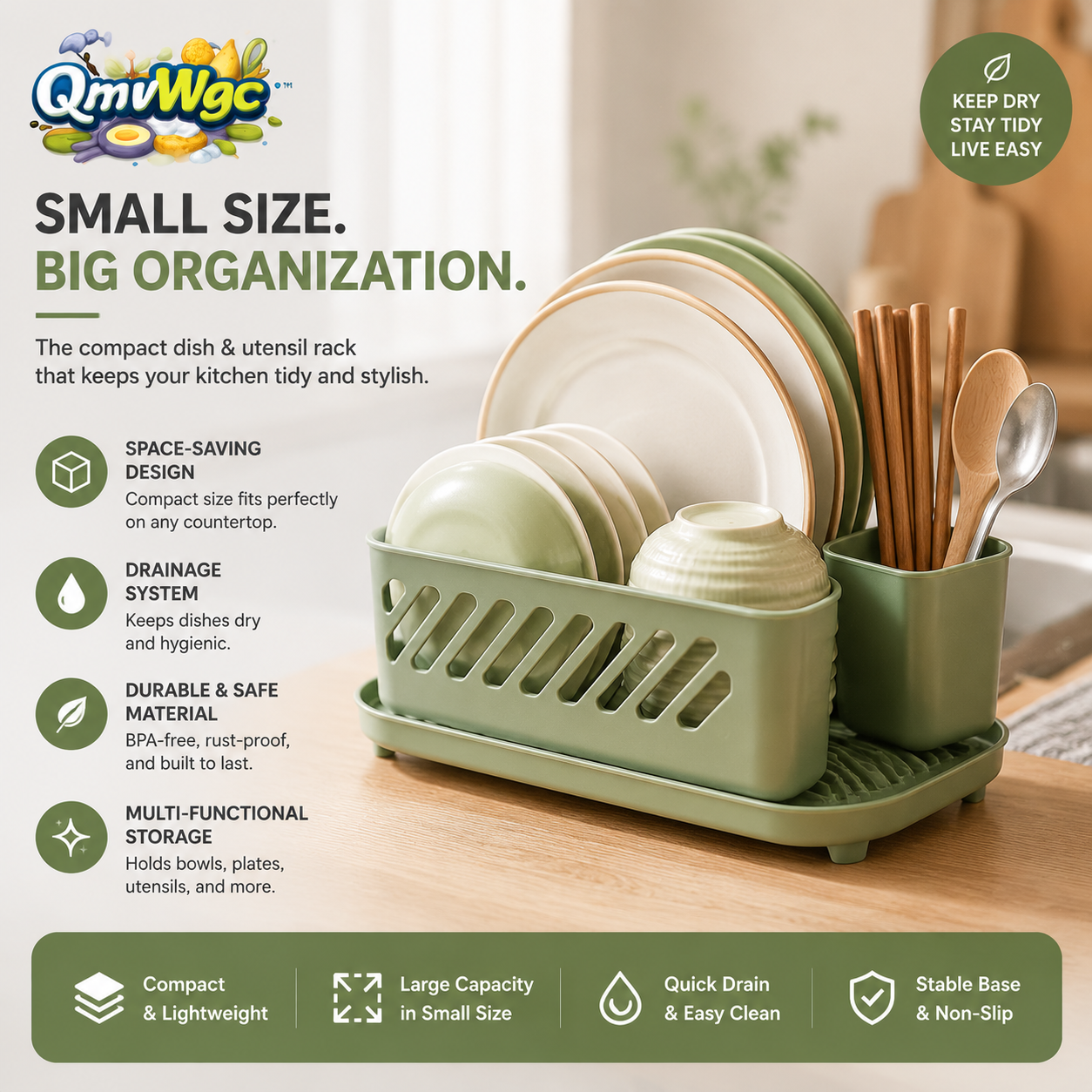 QmvWgc™ Compact Dish Drying Rack with Drain Tray & Utensil Holder