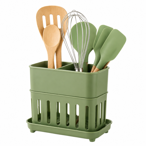 QmvWgc™ Compact Kitchen Utensil Organizer with Drain Tray & Multi-Compartment Storage