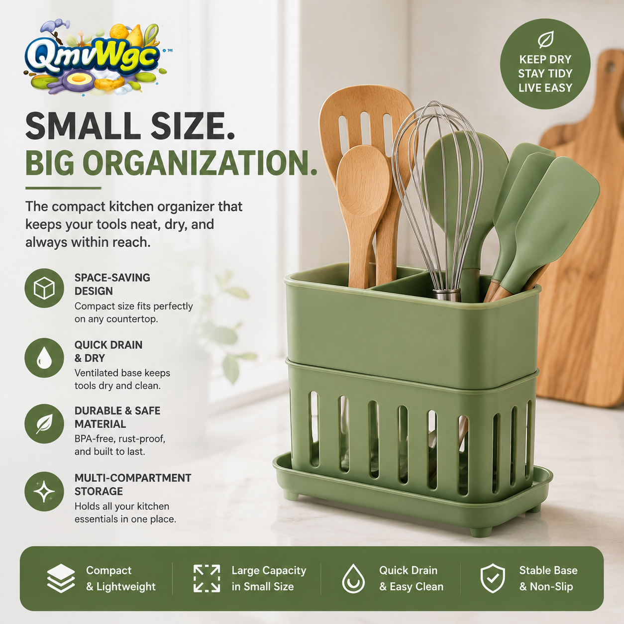 QmvWgc™ Compact Kitchen Utensil Organizer with Drain Tray & Multi-Compartment Storage