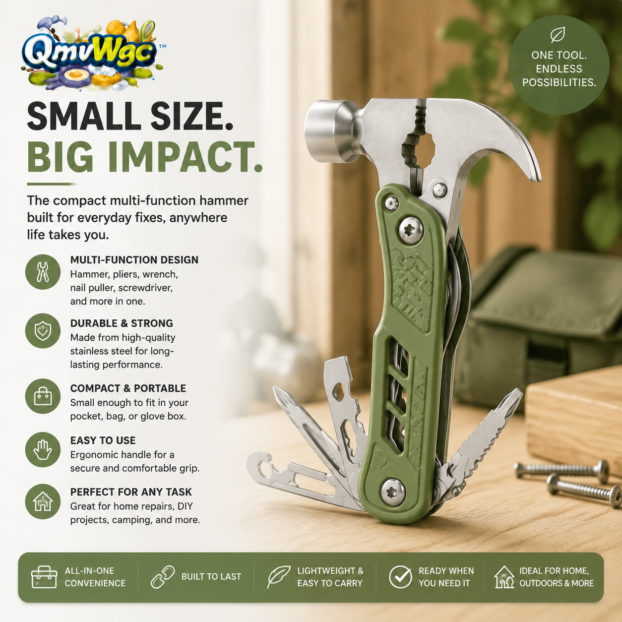 QmvWgc™ 10-in-1 Folding Multi-Function Hammer Tool